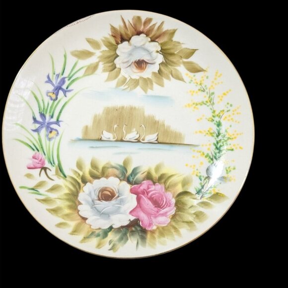 Hand-Painted Swan Lake Floral Decorative Plate With Flowers Gold Trim 8" - Picture 5 of 7
